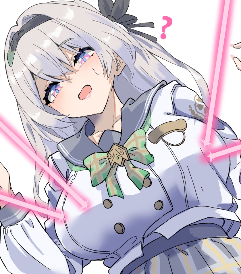 1girl ? black_hairband black_ribbon blue_pupils bow bowtie breasts buttons collared_shirt double-breasted firefly_(honkai:_star_rail) firefly_(spring_missive)_(honkai:_star_rail) green_bow green_bowtie grey_hair grey_skirt hair_between_eyes hair_intakes hair_ornament hair_ribbon hairband honkai:_star_rail honkai_(series) large_breasts laser long_hair long_sleeves multicolored_eyes open_mouth plaid_bow plaid_bowtie plaid_clothes pleated_skirt ribbon school_uniform serafuku shirt simple_background skirt solo sweatdrop white_background white_shirt white_sleeves ynfkin