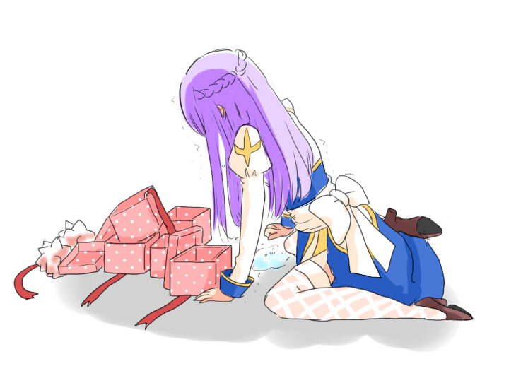 1girl arch_bishop_(ragnarok_online) back_bow blue_dress bow box braid brown_shoes chiyunko_(rna-14-fei) commentary_request dress fishnet_thighhighs fishnets full_body gift gift_box half_up_braid juliet_sleeves long_sleeves puffy_sleeves purple_hair ragnarok_masters ragnarok_online sash shoes simple_background sitting solo thighhighs two-tone_dress wariza white_background white_bow white_dress white_sash white_thighhighs