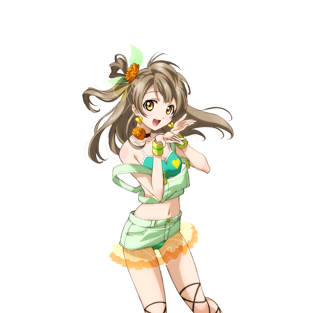 1girl :d anime_coloring ankle_lace-up bare_shoulders bikini black_choker blush brown_hair choker cowboy_shot earrings flower green_bikini hair_flower hair_ornament hands_up heart heart_earrings jewelry long_hair looking_at_viewer love_live! love_live!_school_idol_festival love_live!_school_idol_project minami_kotori natsuiro_egao_de_1_2_jump! navel official_art one_side_up open_hands open_mouth orange_flower see-through_frills smile solo strap_slip swimsuit transparent_background wristband yellow_eyes