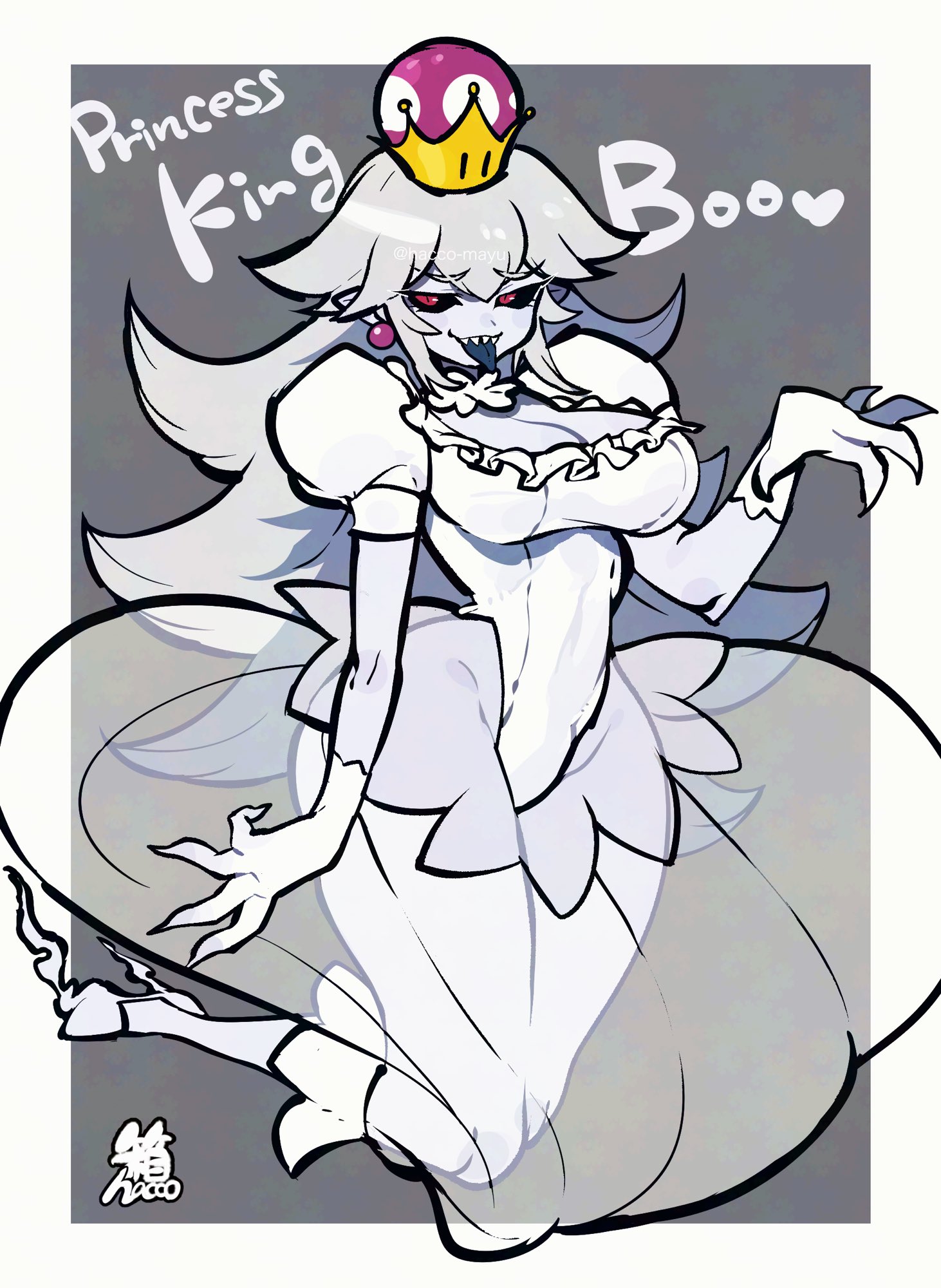 black_sclera blue_tongue breasts character_name claws colored_sclera colored_skin colored_tongue crown earrings eyelashes fingernails floating gloves grey_hair grey_skin hacco_mayu half-closed_eyes hand_up high_heels highres jewelry large_breasts legs_up leotard long_hair luigi's_mansion mario_(series) new_super_mario_bros._u_deluxe nintendo open_mouth princess_king_boo puffy_short_sleeves puffy_sleeves red_eyes see-through_clothes see-through_skirt sharp_fingernails sharp_teeth short_sleeves skirt smile sphere_earrings super_crown teeth tongue tongue_out very_long_hair white_gloves white_leotard