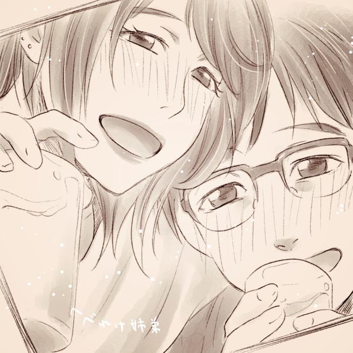 1boy 1girl blush brother_and_sister cup dorocoko drinking_glass ear_piercing glasses katsuki_mari katsuki_yuuri monochrome open_mouth piercing siblings smile translated yuri!!!_on_ice