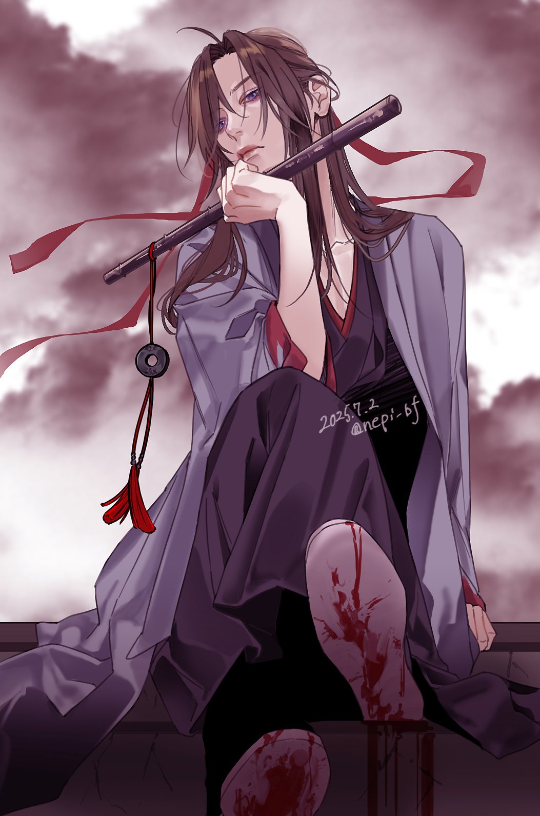 1boy ahoge bishounen black_boots black_hanfu blood blood_on_shoes boots brown_hair chinese_clothes chinese_commentary closed_mouth cloud cloudy_sky coat collarbone crossed_legs dated dizi flute flute_tassel grey_coat hair_down hair_ribbon half_updo hand_up hanfu highres holding holding_flute holding_instrument instrument long_hair long_sleeves looking_at_viewer male_focus modao_zushi official_alternate_costume official_alternate_hairstyle open_clothes open_coat parted_bangs purple_eyes red_ribbon ribbon robe shoe_soles sidelocks sitting sky solo tassel transverse_flute twitter_username wei_wuxian wei_wuxian_(yiling_laozu) wide_sleeves ykmr_(haga)