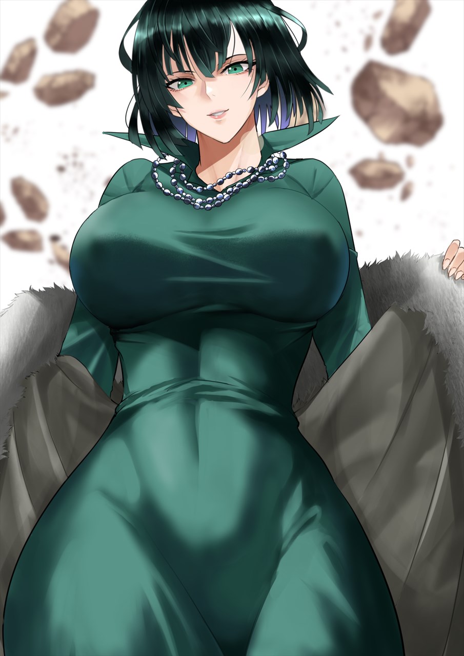 1girl black_hair breasts coat dress floating_rock fubuki_(one-punch_man) fur_coat green_dress green_eyes highres kawabata_yoshihiro large_breasts long_sleeves looking_at_viewer one-punch_man short_hair smile solo taut_clothes taut_dress telekinesis