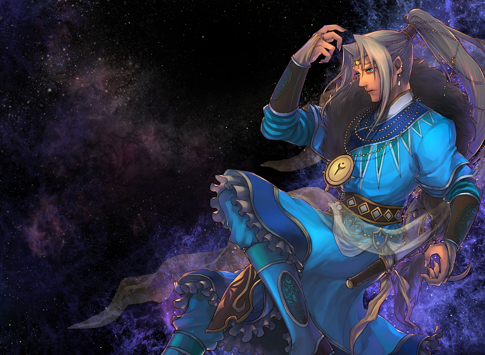 1boy bad_id bad_pixiv_id beads blue_(saga_frontier) blue_boots boots bracer earrings hair_beads hair_ornament jewelry light_brown_hair male_focus necklace ponytail saga saga_frontier sheath sheathed silk solo space tokinohiyoko