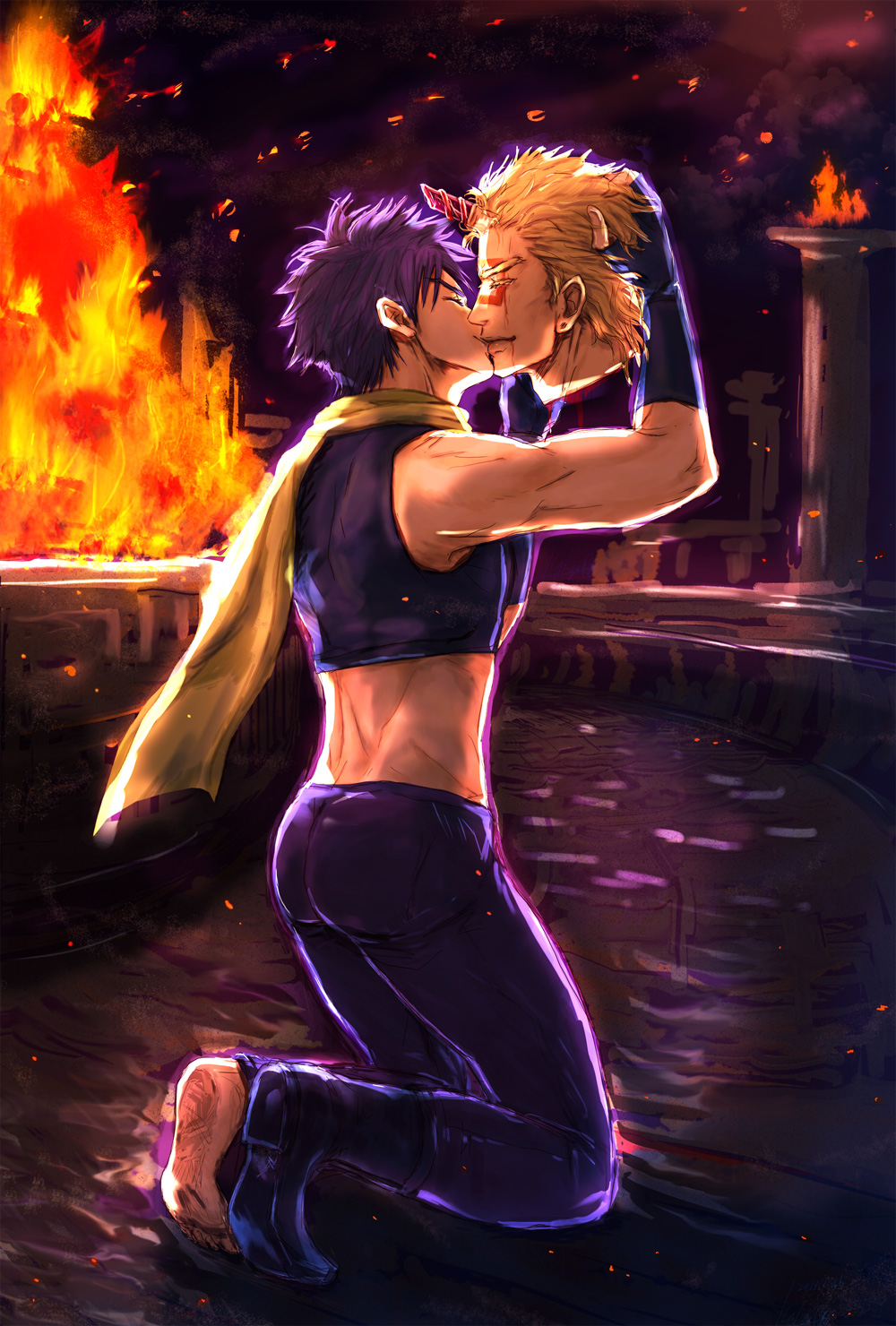 2boys blonde_hair blue_hair death facial_mark fingerless_gloves fire gloves highres horns jojo_no_kimyou_na_bouken joseph_joestar joseph_joestar_(young) kiss male_focus multiple_boys purple_hair scarf severed_head shoes single_horn single_shoe spoilers tattoo wamuu yaoi yohsoro