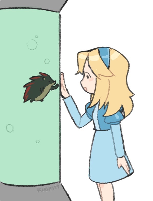 1girl animal artist_name blonde_hair blue_dress blue_hairband commentary dress hairband kiioki11 laboratory long_hair maria_robotnik scene_reference shadow_the_hedgehog sonic_(live_action) sonic_(series) sonic_the_hedgehog_3_(movie) stasis_tank symbol-only_commentary tube
