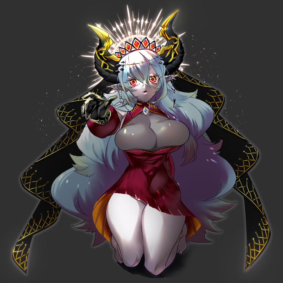 1girl black_horns blazing_cartesia_the_virtuous breasts dress duel_monster ecclesia_(yu-gi-oh!) full_body grey_background grey_hair halo horns kneeling large_breasts leotard long_hair pointy_ears red_dress red_eyes see-through_clothes see-through_leotard seisei_neko simple_background solo very_long_hair yu-gi-oh!