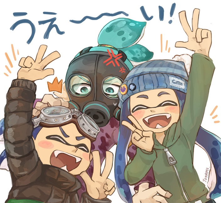 1girl 2boys anger_vein arm_up aviator_goggles beanie black_jacket blue_eyes blue_hair blue_hat blush_stickers bobble-chan_(splatoon) closed_eyes commentary_request double_w fangs gas_mask goggle-kun_(splatoon) goggles goggles_on_head green_jacket hair_ornament hair_scrunchie hat hood hood_down hooded_jacket inkling jacket long_sleeves looking_at_another mask mask-kun_(splatoon) multicolored_scrunchie multiple_boys nintendo open_mouth pointy_ears pom_pom_(clothes) pom_pom_beanie purple_shirt scrunchie shirt smile splatoon_(manga) splatoon_(series) tentacle_hair tona_bnkz topknot w white_background zipper_pull_tab