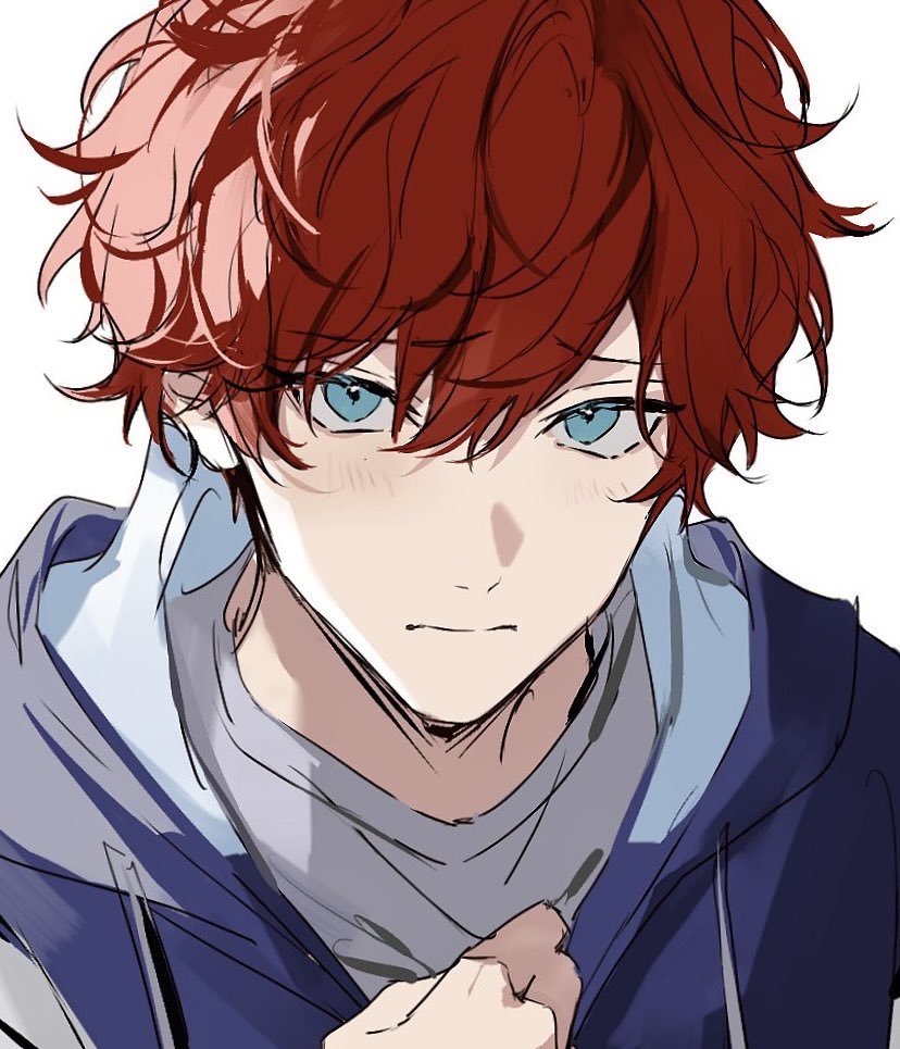 1boy amagi_hiiro blue_eyes blue_hoodie blush close-up closed_mouth ensemble_stars! furrowed_brow grey_shirt hair_between_eyes hand_on_own_chest hood hoodie looking_at_viewer male_focus nozz177 red_hair shirt short_hair shy simple_background solo wavy_hair white_background