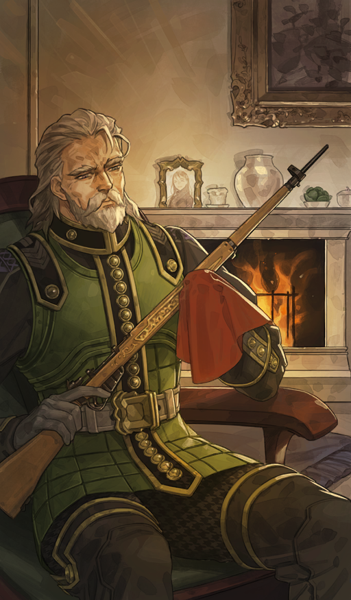 1boy anne_(dan_blackmore&#039;s_wife) beard belt belt_buckle black_boots black_pants boots buckle buttons candle chair cleaning closed_mouth commentary cowlick dan_blackmore facial_hair fate/extra fate/grand_order fate_(series) feet_out_of_frame fire fireplace full_beard gloves green_jacket grey_belt grey_eyes grey_gloves gun holding holding_cloth holding_gun holding_weapon indoors jacket long_sleeves looking_down male_focus medium_hair muni_(fdrk) mustache official_art old old_man pants photo_(object) picture_frame plant potted_plant rifle sitting solo third-party_source trigger_discipline vase weapon white_facial_hair white_hair
