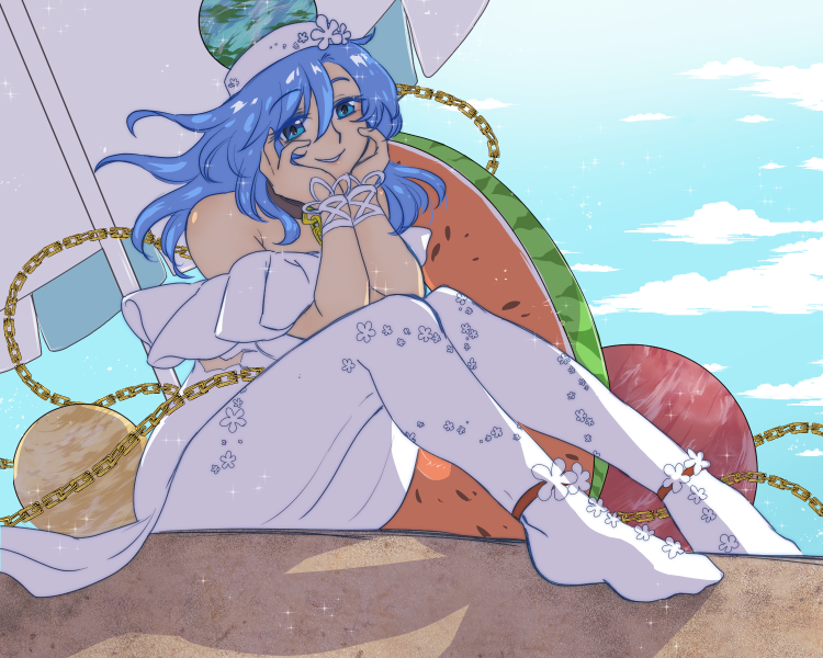 1girl bare_shoulders beach_umbrella blue_eyes blue_hair blue_sky chain choker commentary_request dress earth_(ornament) hecatia_lapislazuli hecatia_lapislazuli_(earth) looking_at_viewer medium_hair moon_(ornament) nunnun_(shunka_shuutou) official_alternate_costume pantyhose sitting sky smile solo touhou touhou_lostword umbrella white_dress white_headwear white_pantyhose