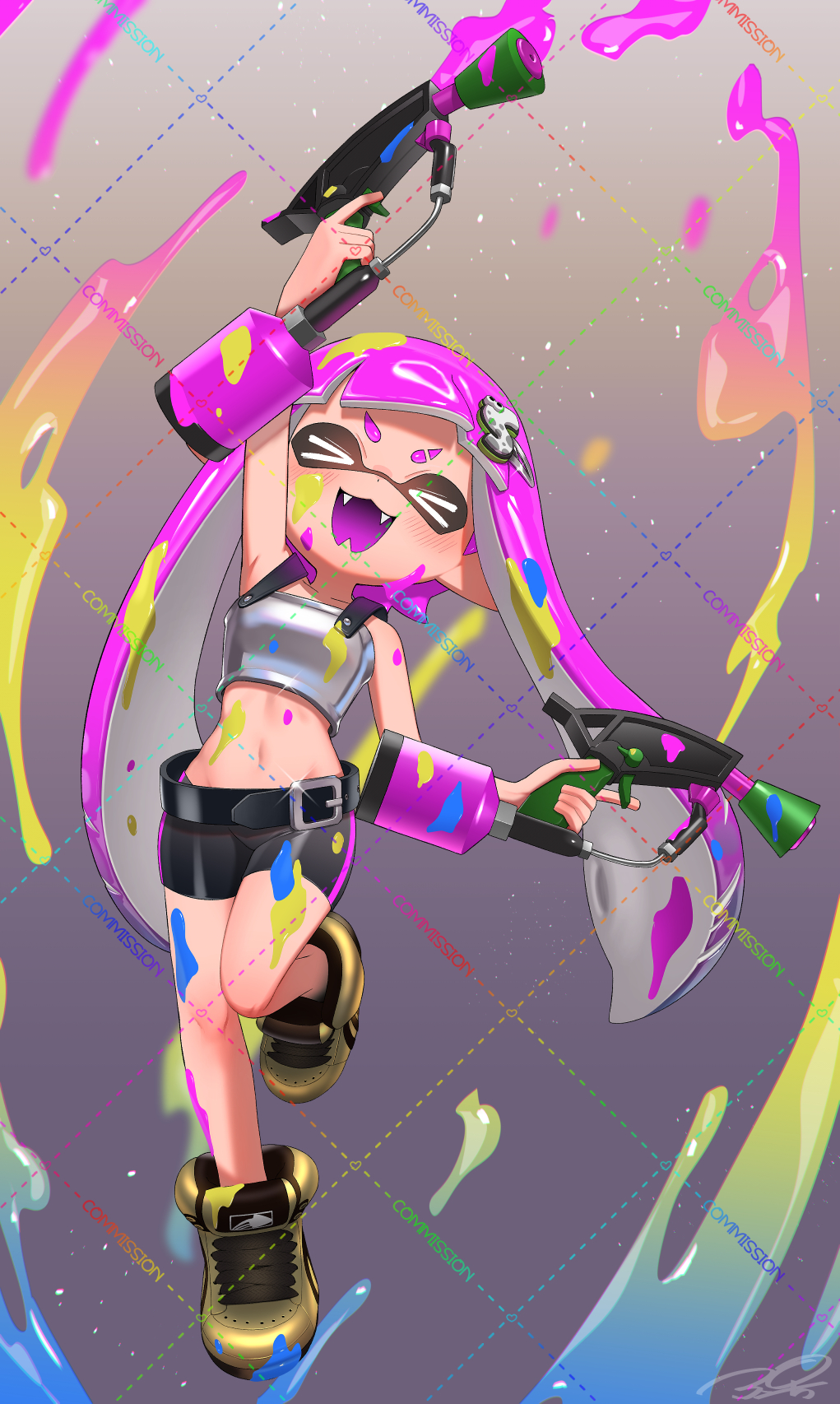 &gt;_&lt; 1girl arm_up armor bare_shoulders belt belt_buckle bike_shorts black_belt black_shorts blush breastplate buckle closed_eyes collarbone commentary commission dual_wielding english_commentary eyebrow_cut fangs full_body glint grey_background groin hair_ornament hairclip high_tops highres holding holding_weapon inkling inkling_girl inkling_player_character long_hair midriff navel nintendo open_mouth pink_hair puchiman shoes shorts smile sneakers solo splat_dualies_(splatoon) splatoon_(series) standing standing_on_one_leg tentacle_hair twintails v-shaped_eyebrows watermark weapon yellow_shoes