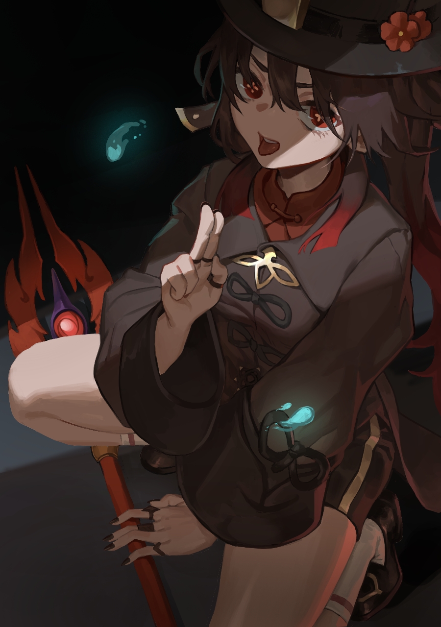 1girl black_nails black_shoes black_shorts black_socks brown_hair chinese_clothes commentary_request flower from_above genshin_impact hair_between_eyes hat hat_flower hat_ornament highres holding holding_polearm holding_weapon hu_tao_(genshin_impact) jewelry kneehighs kuji-in long_hair long_sleeves looking_at_viewer looking_up monky nail_polish polearm red_eyes ring shoes short_shorts shorts sidelocks simple_background socks solo spear squatting staff_of_homa_(genshin_impact) symbol-shaped_pupils tongue tongue_out twintails weapon white_socks