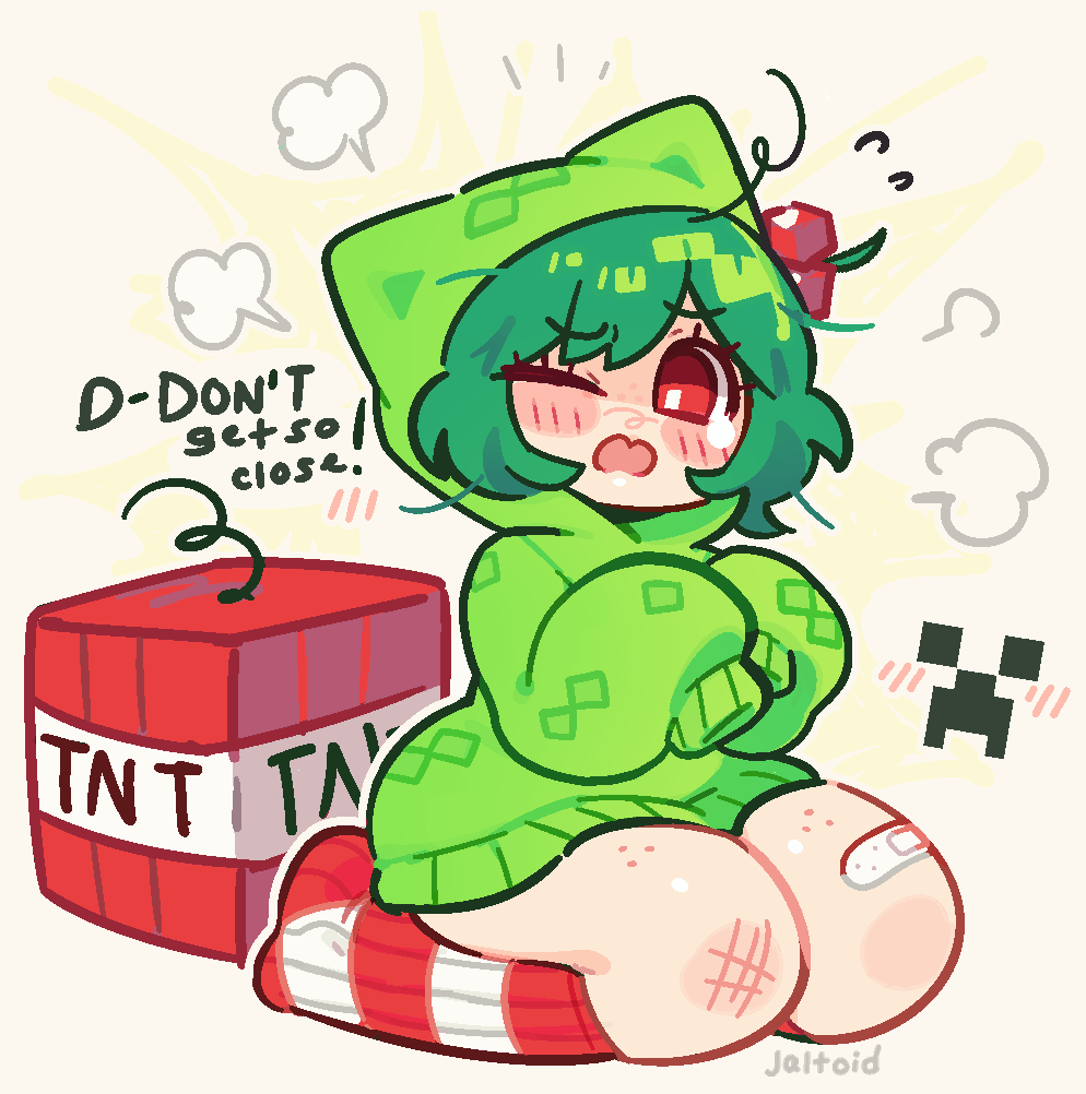 1girl artist_name bandaid bandaid_on_knee bandaid_on_leg blush creeper english_text freckles full_body green_hair green_hoodie hair_ornament hood hood_up hoodie jaltoid long_sleeves looking_at_viewer minecraft one_eye_closed open_mouth personification puff_of_air red_eyes seiza short_hair simple_background sitting sleeves_past_fingers sleeves_past_wrists socks solo striped_clothes striped_socks talking thighs tnt tnt_block_(minecraft)