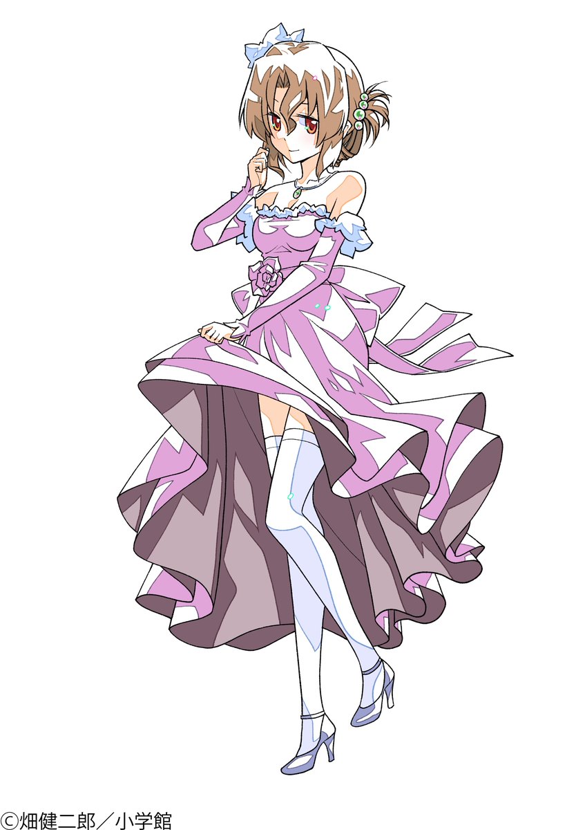 1girl arm_up breasts brown_hair cleavage clothes_lift collarbone dress elbow_gloves folded_ponytail gloves hair_bobbles hair_ornament hata_kenjirou hayate_no_gotoku! high_heels highres jewelry large_breasts light_blush long_hair maria_(hayate_no_gotoku!) necklace off-shoulder_dress off_shoulder official_art purple_dress red_eyes skirt skirt_lift solo thighhighs zettai_ryouiki