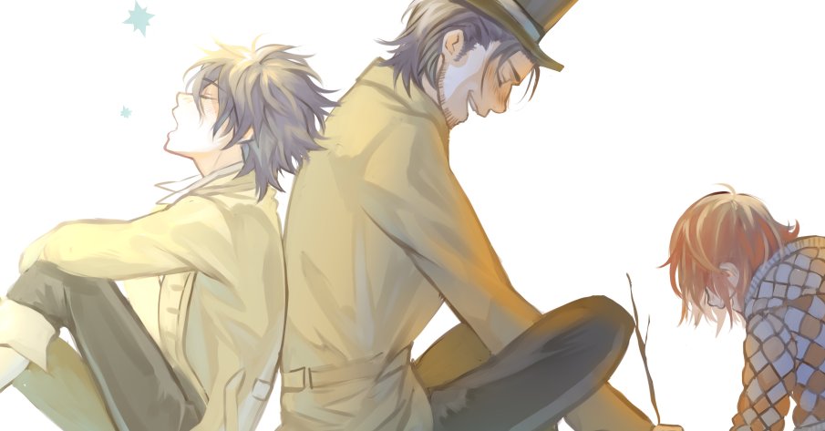 3boys allen_walker black_hair black_pants blush boots brown_hair checkered_clothes checkered_jacket child closed_eyes coat collared_shirt d.gray-man facial_hair grey_jacket hat hood hooded_jacket jacket large_hat leaning_on_person looking_down looking_up mana_walker mature_male messy_hair multiple_boys nea_d_campbell open_mouth orange_jacket oyakorodesu pants shirt sitting smile white_shirt yellow_coat yellow_hat
