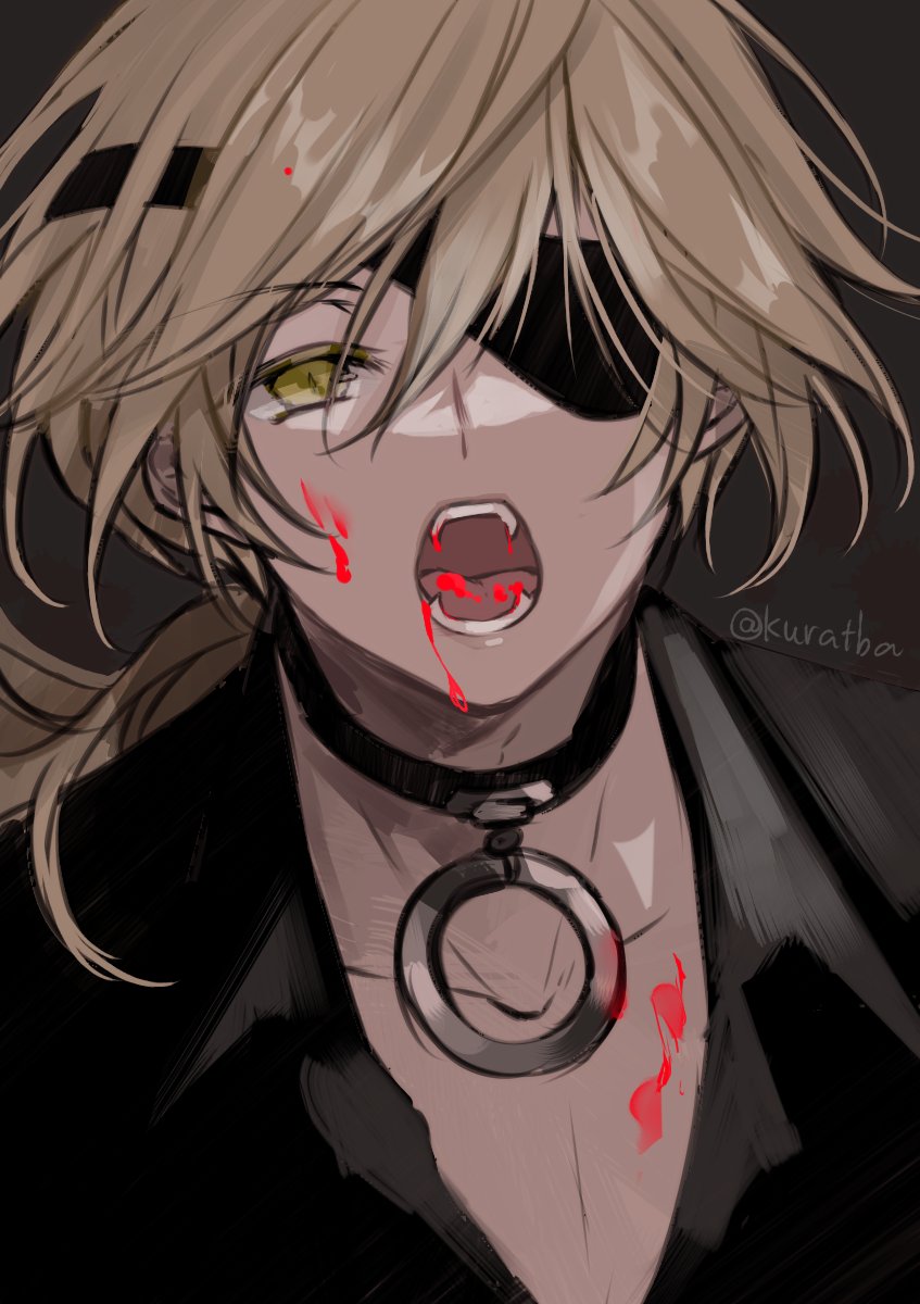 1boy black_background black_collar black_shirt blonde_hair blood blood_from_mouth blood_on_face collar collarbone collared_shirt colored_eyelashes eyepatch fai_d._flowright fangs hair_between_eyes highres kurabayashi long_hair looking_at_viewer low_ponytail male_focus o-ring_collar open_collar open_mouth ponytail shirt simple_background solo tsubasa_chronicle upper_body yellow_eyes