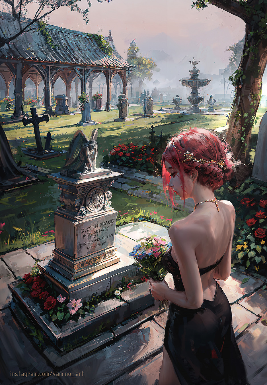 1girl back bare_shoulders black_dress bouquet commentary dress english_commentary english_text flower fountain from_above gazebo grass grave graveyard hair_ornament highres holding holding_bouquet instagram_username jewelry necklace original outdoors red_hair sky solo standing statue tiara tombstone tree updo water yaminokuni
