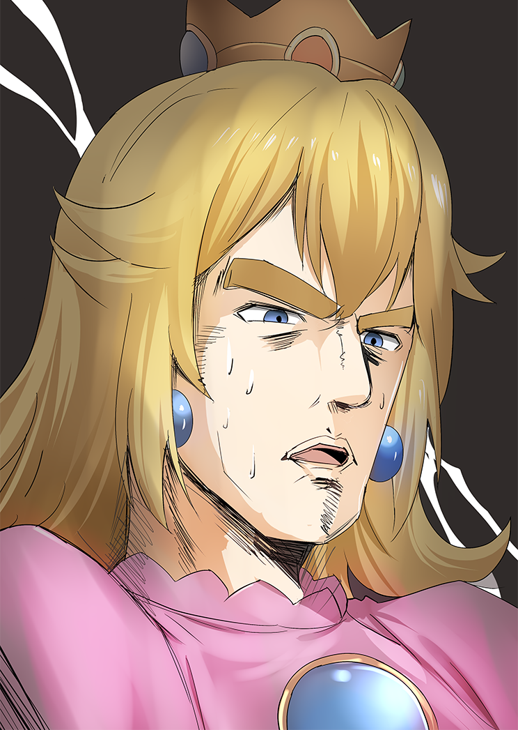 1girl blonde_hair blue_eyes crown dress earrings female_focus ginhaha hair_between_eyes jewelry long_hair looking_down man_face mario_(series) new_super_mario_bros._u_deluxe nintendo open_mouth pink_dress princess_peach sidelocks solo surprised sweat thick_eyebrows upper_body