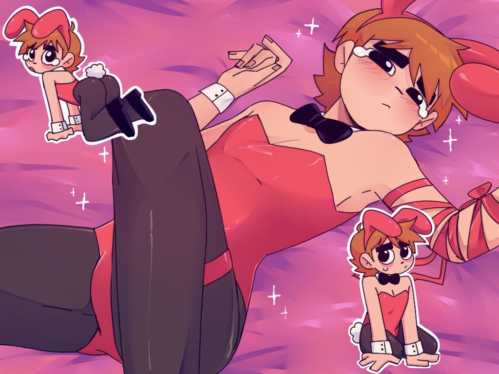 1boy animal_ears ass black_bow black_bowtie black_eyes black_pantyhose black_shoes blush bound bow bowtie bulge chibi chibi_inset commentary crossdressing fake_animal_ears fake_tail hashtag-only_commentary leotard looking_at_viewer lying male_focus male_playboy_bunny multiple_views on_back on_bed orange_hair pantyhose pectoral_cleavage pectorals pleading_eyes rabbit_ears red_leotard red_ribbon ribbon ribbon_bondage scollacel0ver scott_pilgrim scott_pilgrim_(series) shoes short_hair tail tears thick_eyebrows wrist_cuffs