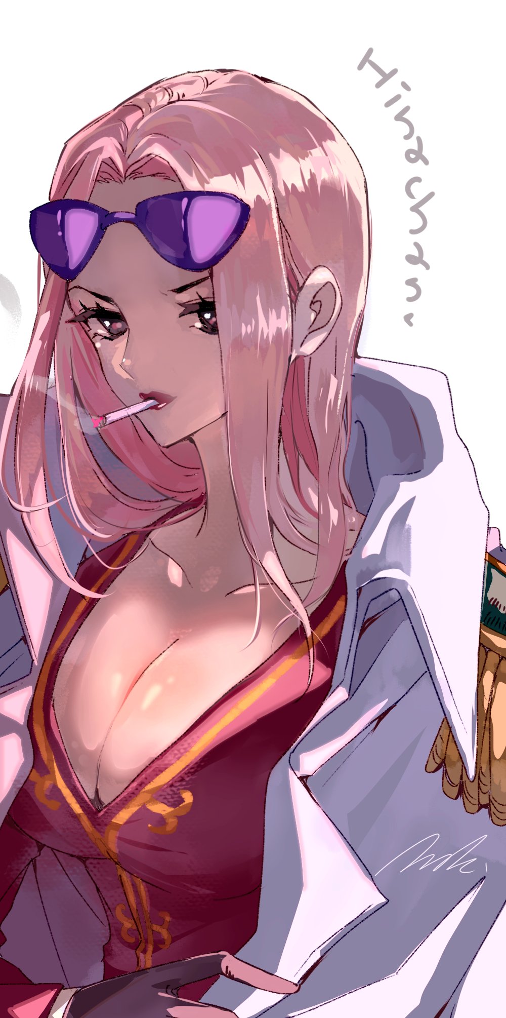 1girl breasts cigarette cleavage coat collared_coat commentary epaulettes eyelashes formal_clothes gloves highres hina_(one_piece) ink_(winkyinkywinky) long_hair one_piece pink_hair purple-tinted_eyewear sidelocks simple_background smoke solo suit tinted_eyewear white_background white_coat
