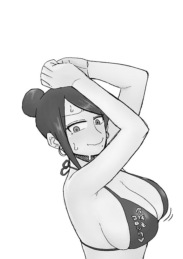 1girl arms_up asymmetrical_bangs back-tie_bikini bijin_onna_joushi_takizawa-san bikini bikini_top_only black_eyes black_hair blush bouncing_breasts breasts cleavage earrings embarrassed female_focus hair_bun hair_tied hair_tied_back hair_tied_up hanging_breasts hoop_earrings jewelry large_breasts long_bangs mole mole_under_mouth monochrome parted_bangs sagging_breasts simple_background smile solo solo_focus string_bikini sweat sweatdrop swimsuit takizawa_kyouko wavy_mouth white_background yan-baru