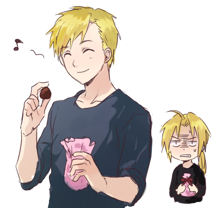 2boys ^_^ alphonse_elric angry bag black_shirt blonde_hair blue_shirt bow brothers chocolate closed_eyes edward_elric envy closed_eyes frown fullmetal_alchemist happy long_hair long_sleeves lowres male_focus multiple_boys musical_note ponytail quaver riru shirt short_hair siblings simple_background smile sweatdrop v-shaped_eyebrows white_background