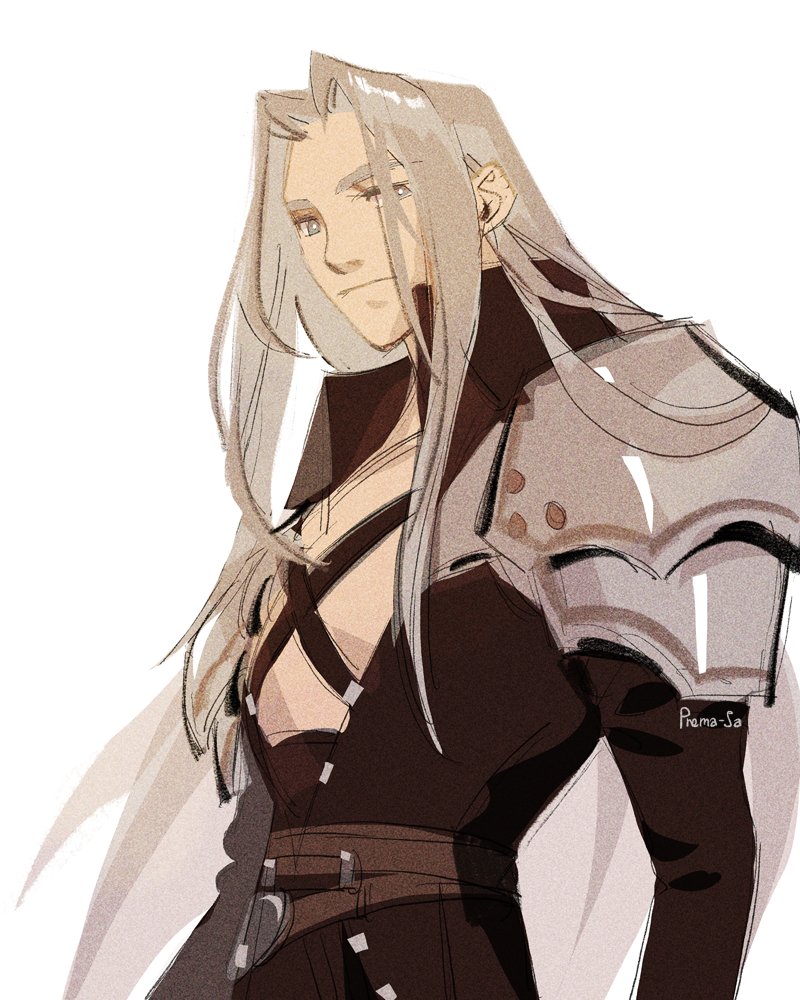 1boy armor belt black_coat blue_eyes chest_strap closed_mouth coat expressionless final_fantasy final_fantasy_vii grey_hair long_hair looking_at_viewer male_focus parted_bangs pauldrons prema-ja sephiroth shoulder_armor solo upper_body white_background