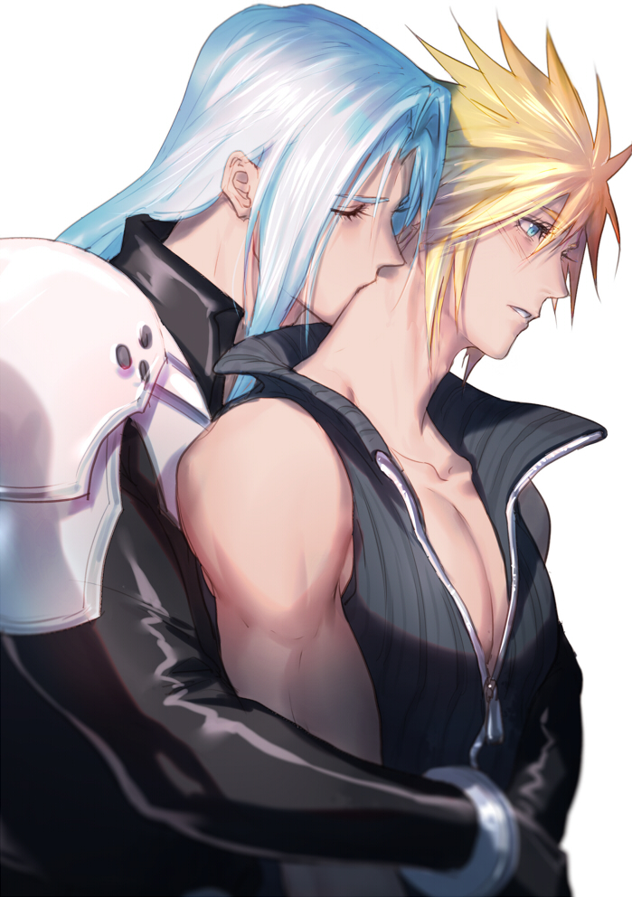 2boys armor black_coat black_gloves blonde_hair blue_eyes blush closed_eyes cloud_strife coat eilinna final_fantasy final_fantasy_vii final_fantasy_vii_advent_children gloves grey_hair holding hug kiss kissing_neck long_bangs long_hair male_focus multiple_boys parted_bangs pauldrons pectoral_cleavage pectorals sephiroth short_hair shoulder_armor spiked_hair yaoi
