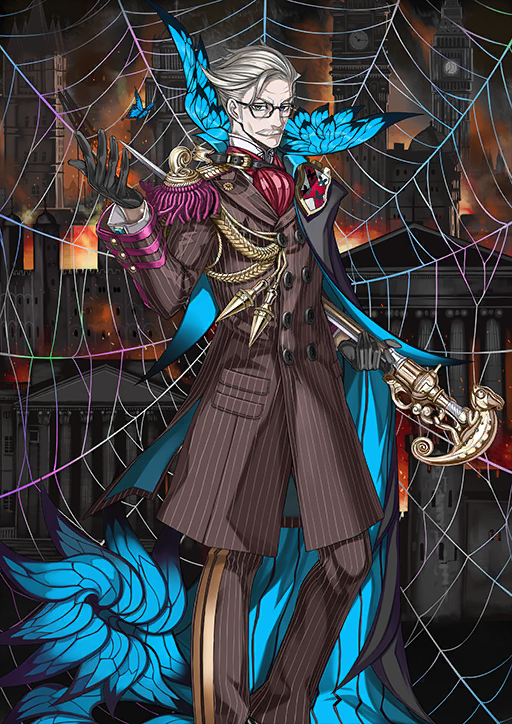 1boy aiguillette architecture ascot black-framed_eyewear black_cape black_gloves blue_butterfly blue_cape brown_coat brown_pants bug building butterfly buttons cane cape chameleon clock clock_tower coat coat_of_arms cuff_links double-breasted dress_shirt embers epaulettes european_architecture facial_hair fate/grand_order fate_(series) feet_out_of_frame fire glasses gloves grey_facial_hair grey_hair hand_up high_collar holding holding_cane honjou_raita insect james_moriarty_(archer)_(fate) lapel_chain lapels layered_sleeves long_sleeves male_focus mature_male mustache official_art old old_man pants peaked_lapels pinstripe_coat pinstripe_pants pinstripe_pattern red_ascot shirt short_hair side_cape sideburns silk single_epaulette skyline solo spider_web standing third-party_source tower two-sided_cape two-sided_fabric variant_set white_shirt wrinkled_skin