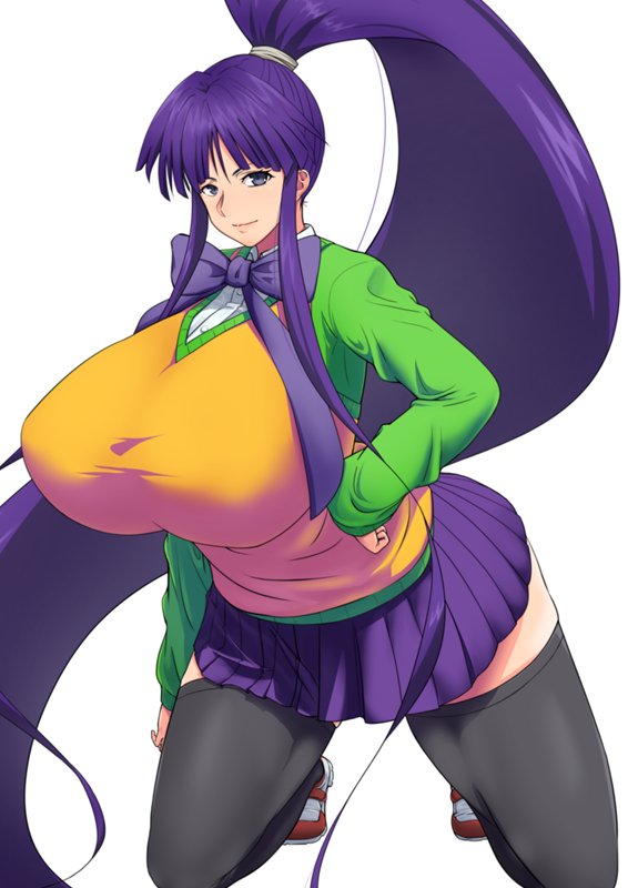 1girl ao-tombo black_thighhighs bow breasts eiken green_shirt huge_bow huge_breasts long_hair misono_kirika purple_hair purple_skirt school_uniform shirt skirt sweater_vest thighhighs very_long_hair yellow_sweater_vest zashono_academy_school_uniform zettai_ryouiki