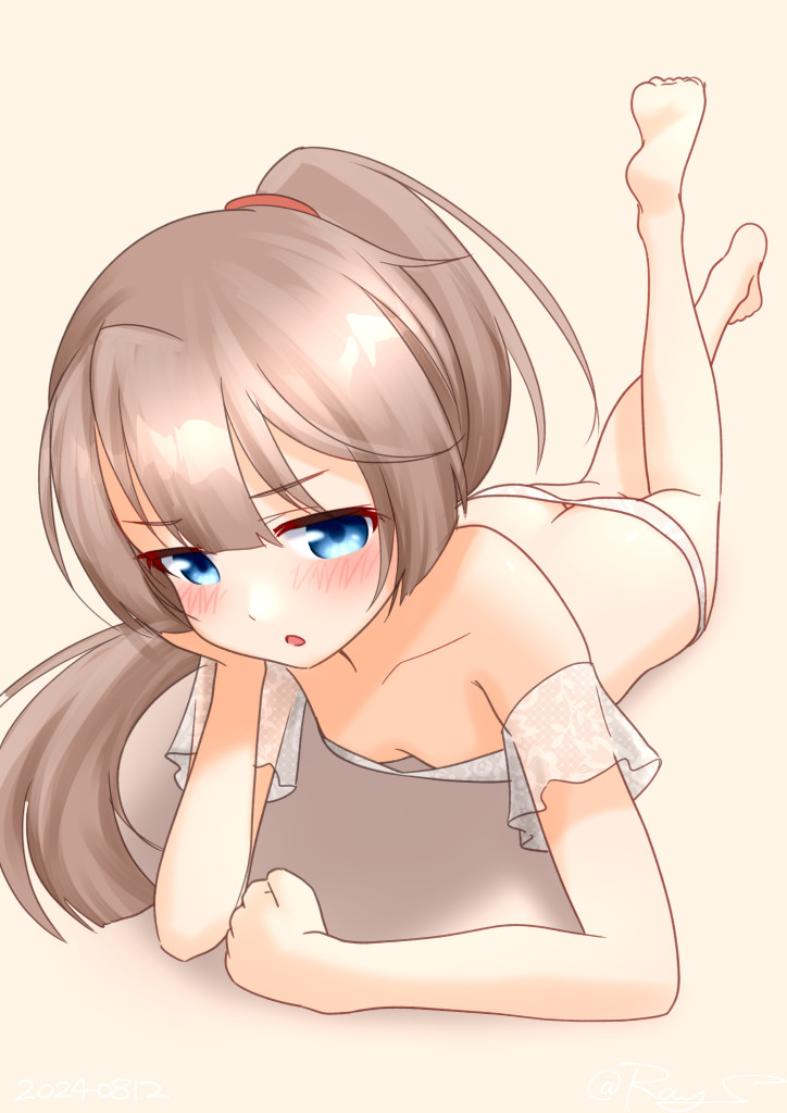 1girl barefoot bikini blue_eyes breasts brown_hair hand_on_own_face kantai_collection kazagumo_(kancolle) kazagumo_kai_ni_(kancolle) kazagumo_kai_ni_(swimsuit)_(kancolle) long_hair lying on_stomach one-hour_drawing_challenge ponytail ray.s small_breasts solo swimsuit white_background white_bikini