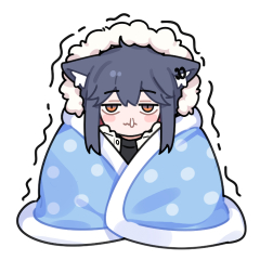 1girl animal_ears arknights black_hair blanket_hug blush_stickers brown_eyes chibi ear_piercing huang_qing_ye jacket lowres piercing red_hair sick simple_background solo texas_(arknights) white_background white_jacket wolf_ears wolf_girl
