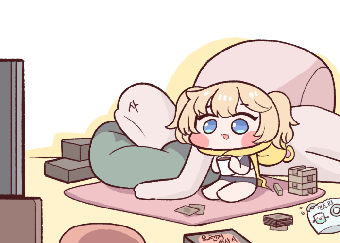 1boy 1girl :3 blonde_hair blue_eyes blush_stickers bulga commander_(last_origin) cup drink ella_of_the_sky faceless faceless_male food full_body hamster_hood hood hood_down hot_chocolate jenga last_origin mini_person minigirl mug open_mouth pillow smile twintails two_side_up