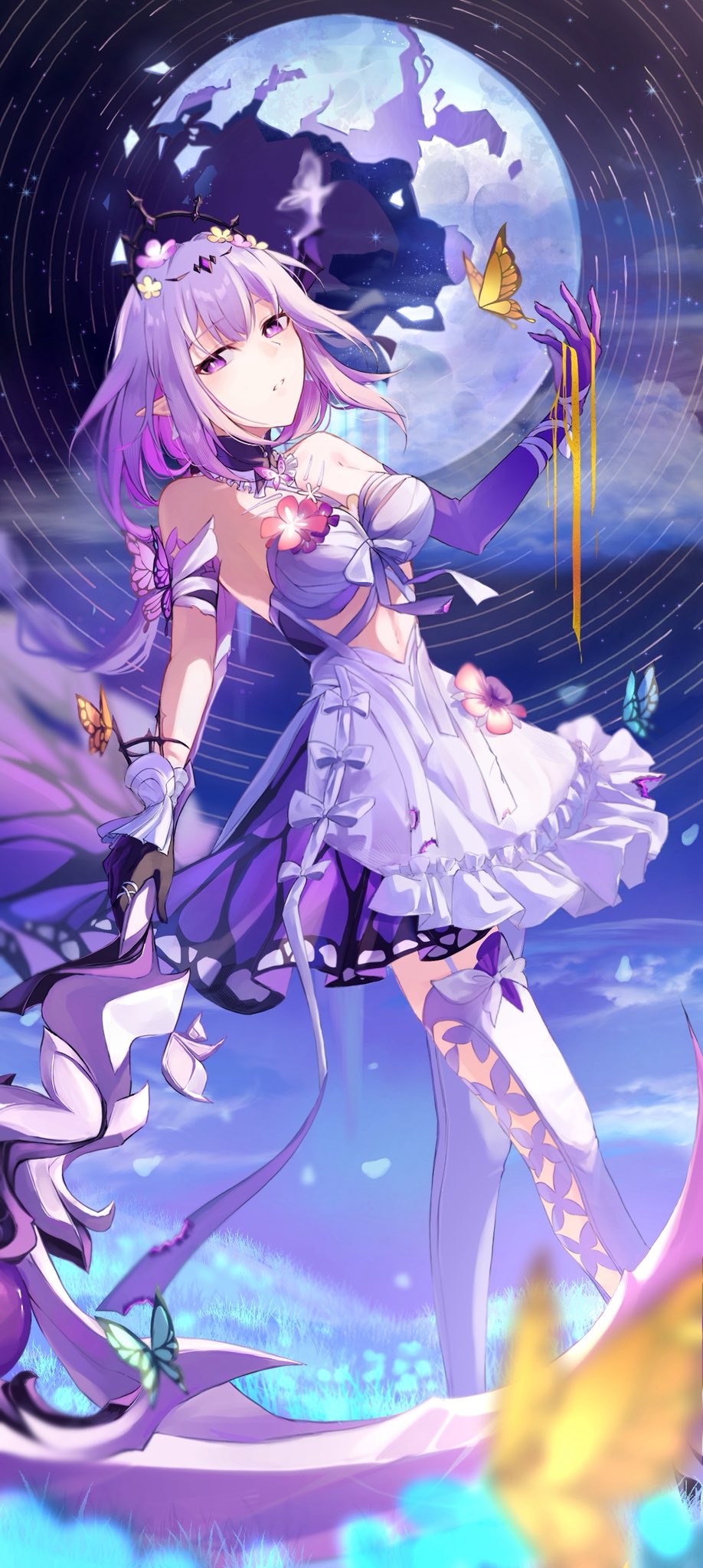 1girl asymmetrical_gloves black_tiara breasts bug butterfly castorice_(honkai:_star_rail) crescent_moon dress elbow_gloves flower flower_ornament gloves gold_blood hair_flower hair_ornament hashtag-only_commentary highres holding holding_scythe honkai:_star_rail honkai_(series) insect koyuki_kon9 liquid_gold medium_breasts moon night night_sky outdoors purple_eyes purple_gloves purple_hair scythe sky solo thighhighs tiara uneven_gloves white_dress white_thighhighs