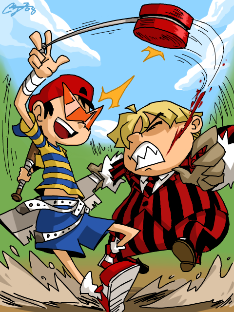 2boys blood child cosplay haikuninja hair_over_one_eye hat kamina_(cosplay) kamina_(ttgl) kamina_shades male_focus mother_(series) mother_2 multiple_boys nature ness_(mother_2) nintendo outdoors oversized_limbs parody plant porky_minch sky sunglasses tengen_toppa_gurren_lagann triangular_eyewear viral_(cosplay) viral_(ttgl)