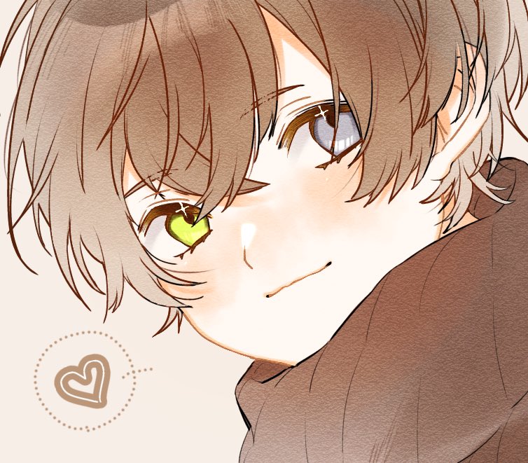 1boy 8k3ht alban_knox blush brown_hair brown_sweater close-up closed_mouth commentary_request hair_behind_ear hair_between_eyes heart heterochromia looking_to_the_side male_focus nijisanji nijisanji_en short_hair sideways_glance smile solo speech_bubble spoken_heart sweater turtleneck turtleneck_sweater virtual_youtuber white_background