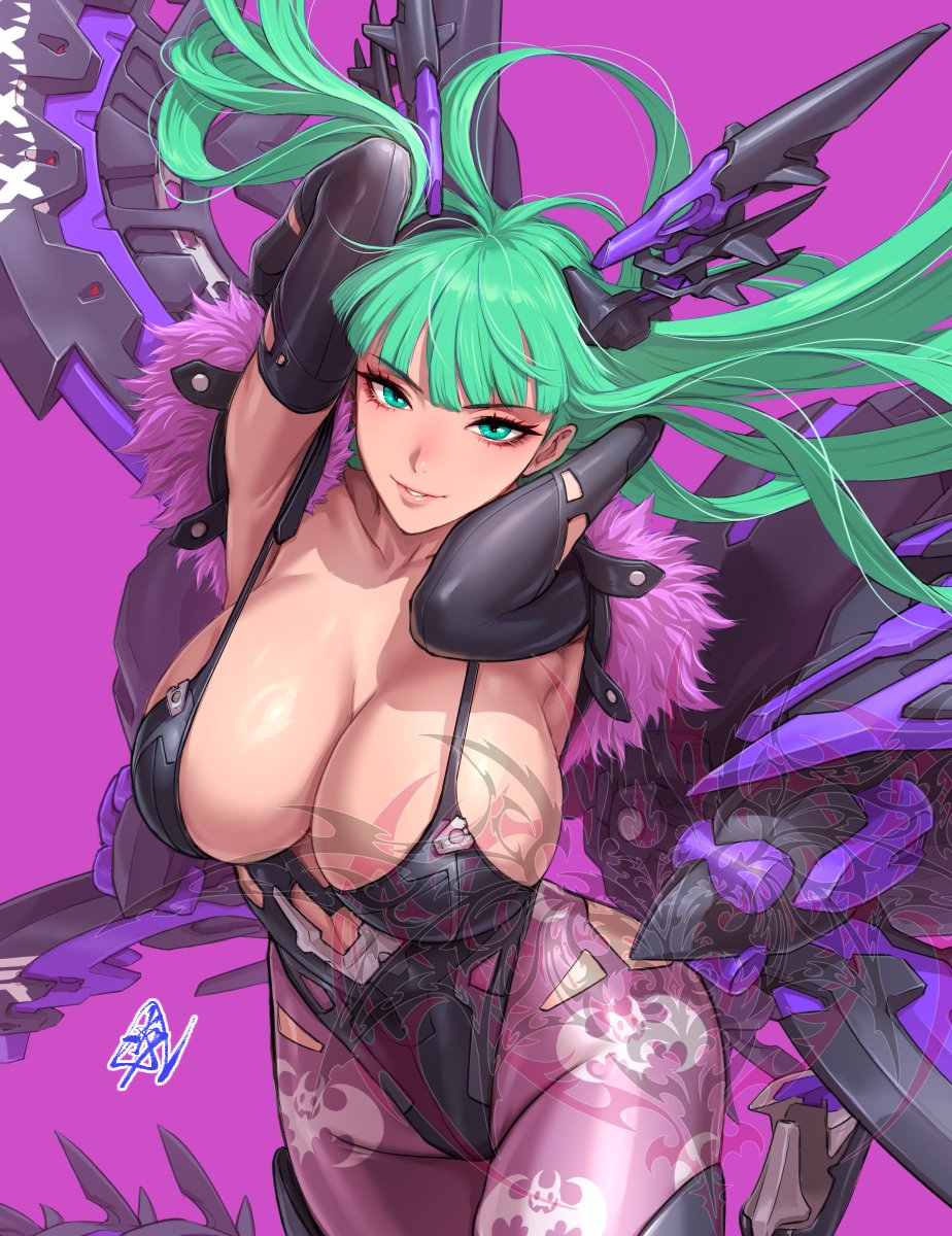 1girl armpits arms_behind_head black_leotard breasts cleavage darkstalkers fujii_eishun green_eyes green_hair head_wings highres large_breasts leotard looking_at_viewer morrigan_aensland parted_lips purple_background seductive_smile smile solo strapless strapless_leotard wings