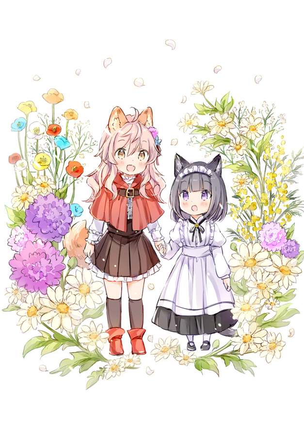 2girls :d aged_down ahoge animal_ear_fluff animal_ears apron black_footwear black_hair black_skirt black_socks blue_flower boots brown_eyes brown_skirt capelet cat_ears cat_girl cat_tail commentary_request flower frilled_skirt frills hair_between_eyes hair_flower hair_ornament holding_hands juliet_sleeves kneehighs komugi_(wataame27) long_sleeves multiple_girls open_mouth original pantyhose petals pink_flower pink_hair pleated_skirt puffy_sleeves purple_eyes purple_flower red_capelet red_flower red_footwear shirt shoes simple_background skirt smile socks standing tail waist_apron wataame27 white_apron white_background white_flower white_pantyhose white_shirt wolf-chan_(wataame27) wolf_ears wolf_girl wolf_tail yellow_flower