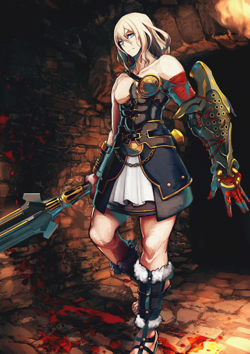 1boy ancient_greek_clothes arm_armor armor arms_at_sides bare_shoulders blonde_hair blood blood_splatter brown_background chain closed_mouth clothing_request expressionless fate/grand_order fate_(series) foot_out_of_frame game_cg greco-roman_clothes hair_between_eyes holding holding_sword holding_weapon leg_up long_hair_between_eyes looking_at_viewer male_focus medium_hair o-ring official_art pectorals sandals shimadoriru single_bracer solo splatter standing standing_on_one_leg sword theseus_(fate) third-party_source toes toned toned_male underground v-shaped_eyebrows variant_set weapon yarn