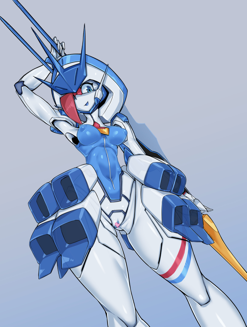 1girl android blue_eyes breasts censored colored_skin darling_in_the_franxx delphinium_(darling_in_the_franxx) hair_over_one_eye hand_up hat heart heart_censor looking_at_viewer medium_breasts nipples one_eye_covered pochincoff pussy robot smile solo standing white_skin