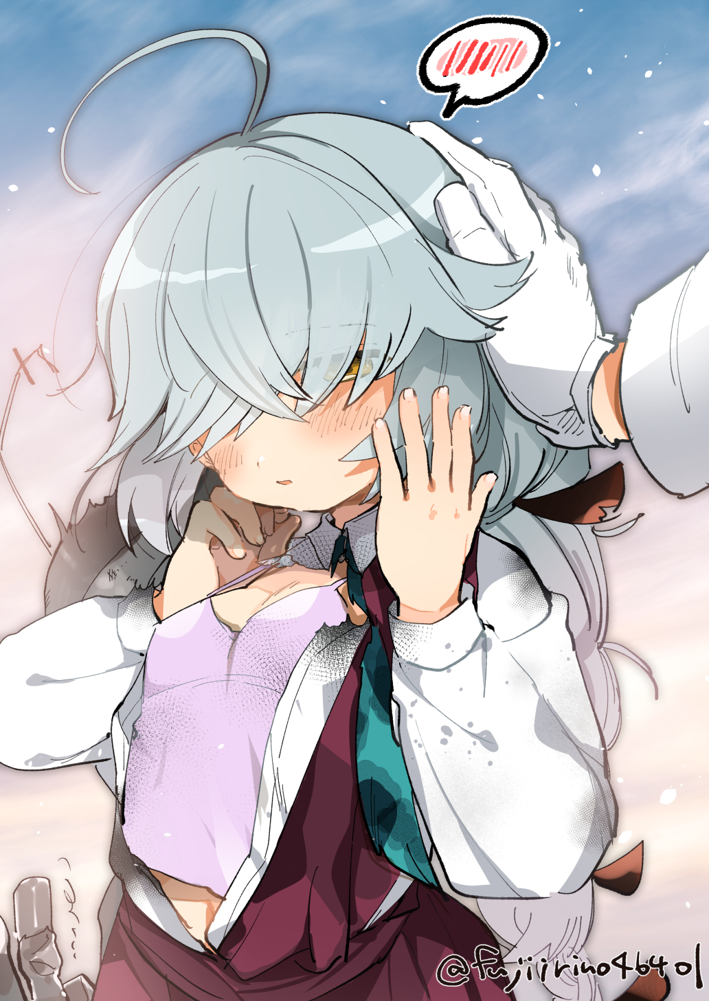1boy 1girl admiral_(kancolle) ahoge blue_hair blush breasts camisole commentary fujii_rino gloves hair_over_eyes hair_ribbon hamanami_(kancolle) hand_on_another&#039;s_head highres kantai_collection long_hair long_sleeves open_clothes orange_eyes outdoors parted_lips purple_camisole ribbon shirt sky small_breasts solo_focus spoken_blush torn_clothes twitter_username white_gloves white_shirt