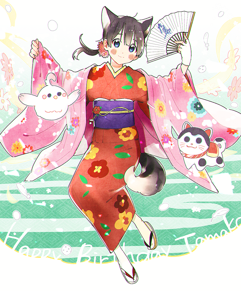 1girl animal_ears bird black_hair blue_eyes blush_stickers character_name dera_mochimazzui dog dog_ears dog_tail hand_fan floral_print full_body happy_birthday japanese_clothes kimono kitashirakawa_tamako long_hair looking_at_viewer low_ponytail momose_(oqo) ponytail red_kimono sandals smile tail tamako_market