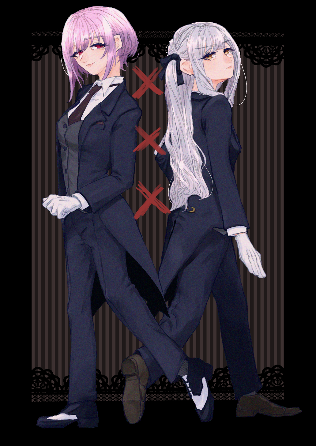 2girls arm_at_side bang_dream! bang_dream!_it&#039;s_mygo!!!!! black_background black_jacket black_necktie black_pants black_ribbon black_shoes breast_pocket brown_shoes butler buttons closed_mouth coattails collared_shirt commentary_request doanobu8817 female_butler formal_clothes from_side full_body gloves grey_hair grey_vest hair_ribbon hand_up heel_up highres jacket lace_background long_hair long_sleeves looking_at_viewer looking_to_the_side multicolored_shoes multiple_girls necktie one_side_up oxfords pant_suit pants pocket purple_hair red_eyes ribbon saddle_shoes shirt shoe_soles shoes short_hair sidelocks smile standing striped_background suit togawa_sakiko two-tone_shoes vest white_gloves white_shirt white_shoes yellow_eyes yuutenji_nyamu