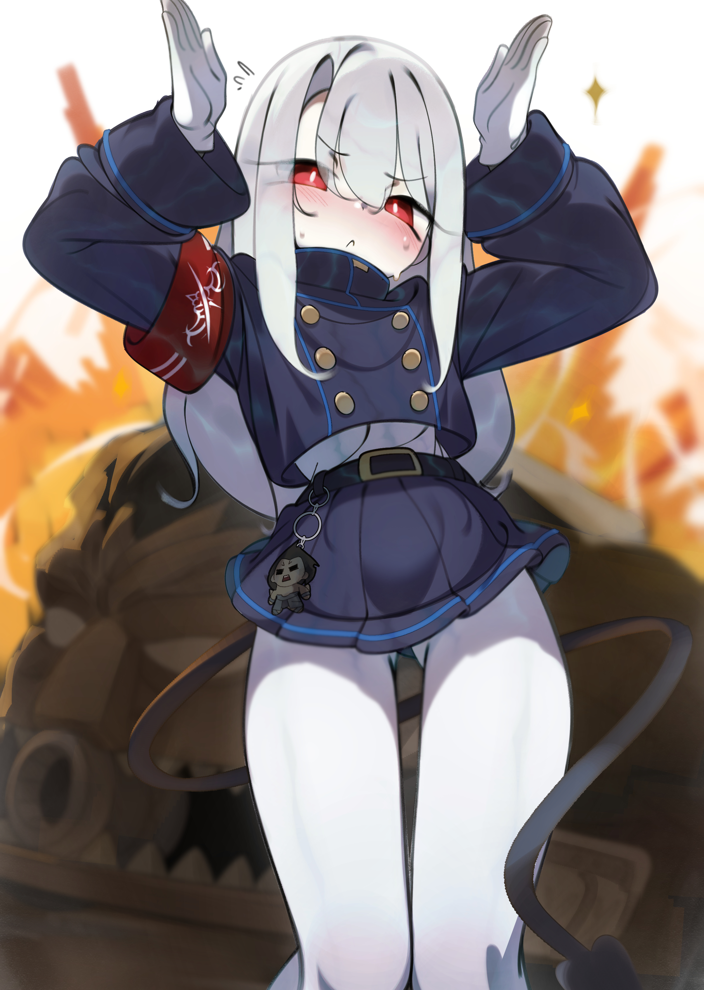 1girl absurdres armband arms_up bersercar black_skirt blue_archive blue_jacket blush breasts buttons carnival_phantasm cosplay cropped_jacket deko_morii demon_tail double-breasted explosion fate/stay_night fate_(series) gloves heracles_(fate) highres hikari_(blue_archive) hikari_(blue_archive)_(cosplay) illyasviel_von_einzbern jacket long_hair long_sleeves looking_at_viewer pantyhose red_eyes sidelocks skirt small_breasts tail thighs white_gloves white_hair white_pantyhose