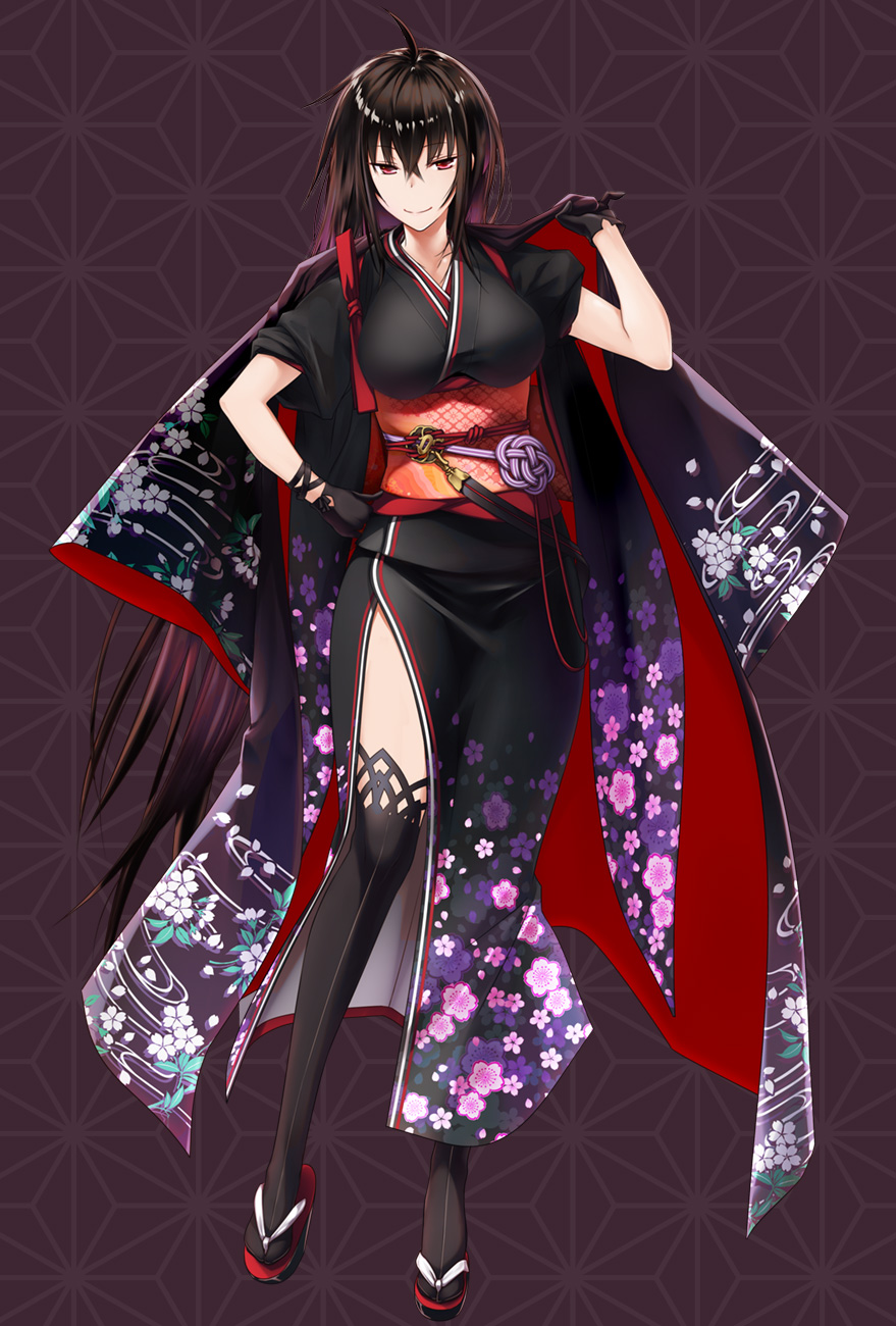 1girl black_dress black_gloves black_hair black_kimono black_thighhighs breasts dress female_focus full_body gloves grey_background highres holding japanese_clothes kawagishi_keitarou kawakami_momoyo kimono large_breasts legs long_hair looking_at_viewer maji_de_watashi_ni_koi_shinasai! maji_de_watashi_ni_koi_shinasai!_s obi obidome official_art red_eyes sash slippers smile solo stance thick_thighs thighhighs thighs
