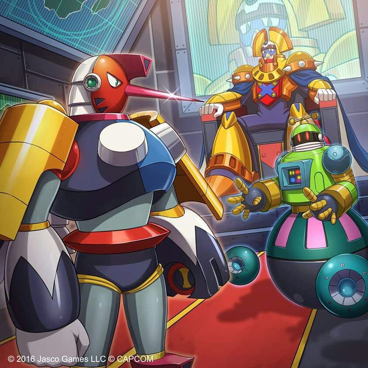 armor astro_man capcom cape chair helmet indoors king_(mega_man) mask mega_man_&amp;_bass mega_man_(classic) mega_man_(series) no_humans no_legs non-humanoid_robot robot robot_ears sitting standing tengu_man
