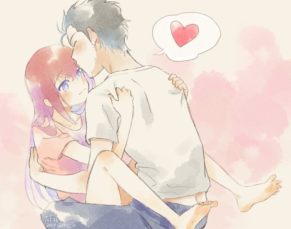 1boy barefoot beard_stubble black_hair blue_eyes blue_pants blush butt_crack closed_eyes couple dated facial_hair feet gripping_clothes hand_on_another&#039;s_back heart hug kiss legs_up light_smile long_hair makise_kurisu okabe_rintarou one_eye_closed pants pink_shirt red_hair rocni shirt short_hair short_sleeves sidelocks sitting sitting_on_lap sitting_on_person spoken_heart steins;gate straddling stubble touching_another&#039;s_back twitter_username very_short_hair watercolor_background watercolor_effect white_shirt