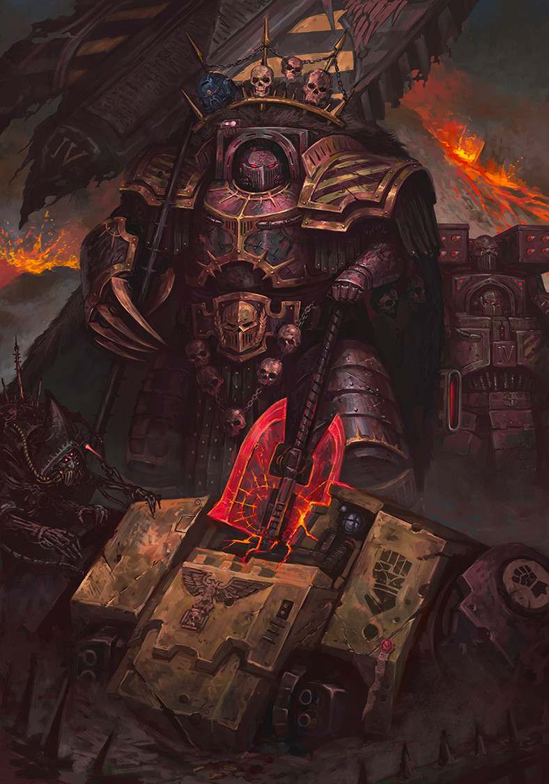 4boys adeptus_astartes adeptus_mechanicus after_battle armor axe banner battle_axe battle_standard chaos_(warhammer) chaos_space_marine clenched_hand cyborg dark_mechanicus double-sided_axe dreadnought_(warhammer_40k) flaming_weapon hazard_stripes holding holding_axe holding_banner huge_weapon imperial_aquila imperial_fists iron_warriors kheljay lava lightning_claw male_focus multiple_boys multishot_rocket_launcher orange_armor power_armor purity_seal red_armor rocket_launcher roman_numeral shoulder_armor skull skull_belt skull_ornament spiked_armor terminator_armor tube war_banner warhammer_40k weapon