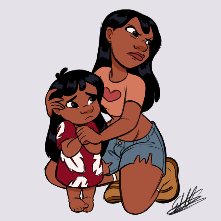 2girls barefoot black_eyes black_hair breasts brown_shirt brown_shoes dark-skinned_female dark_skin frown grey_background heart heart_print large_breasts lilo_&amp;_stitch lilo_pelekai long_hair midriff multiple_girls nani_pelekai sad shirt shoes short_sleeves shorts siblings simple_background sisters stomach torn_clothes torn_shorts witchylizzy